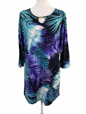 Creation Tropical Leaf Tunic Dress in Teal & Purple Size M